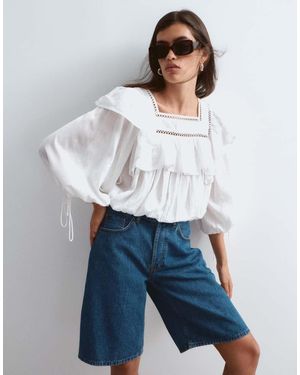 ARRANGE Square Neck Cutwork Blouson Top With Frill Detail - White