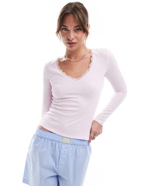 Cotton On Lace Trim Long Sleeve Waffle Sleep Top - White