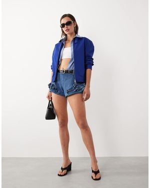 Mango Starring Hailey Bieber 100% Cotton Frill Detail Denim Shorts - Blue