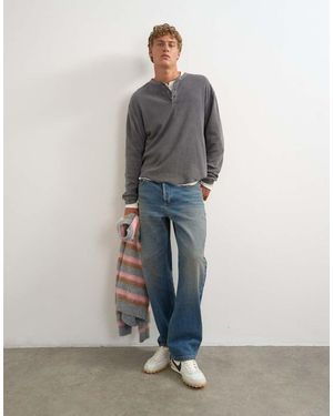 TOPMAN Relaxed-Fit Waffle Henley Met Onafgewerkte Zoom - Grijs