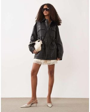 Mango Capsule 100% Leather Cinched Waist Jacket - Black