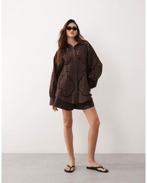 ARRANGE Oversized Shirt With Cutwork Embroidery - Brown