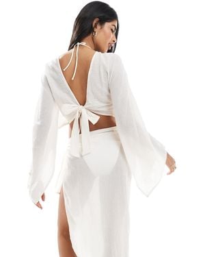 Wednesday's Girl Linen Angel Sleeve Beach Top Co-ord - White
