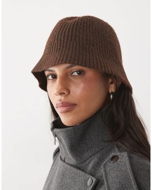 Pieces Rib Knitted Bucket Hat - Brown