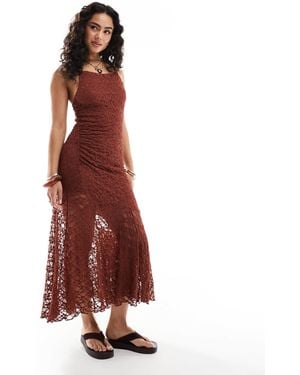 Pull&Bear Asymmetric Hem Lace Maxi Dress - Red