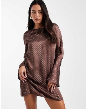 New Look Spot Satin Long Sleeve Mini Dress - Brown