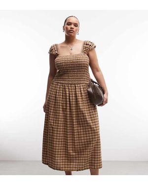 Collusion Plus Shirred Cap Sleeve Midi Dress - Brown