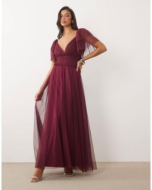 LACE & BEADS Bridesmaid Shirred Waist V-neck Mesh Flutter Sleeve Maxi Dress