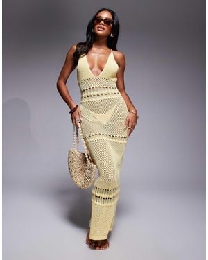 Missy Empire Knitted Plunge Cross Tie Back Detail Maxi Beach Dress - Yellow