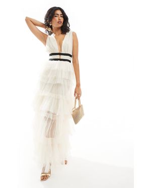 True Decadence Plunge Front Tulle Layered Maxi Dress - White