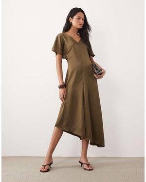 ASOS V Neck Satin Midi Tea Dress With Asymmetric Hem - Natural