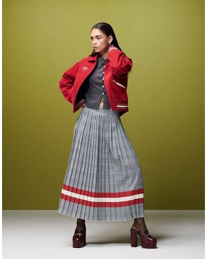 GANT Pleated Check Midi Skirt With Stripe Detail - White