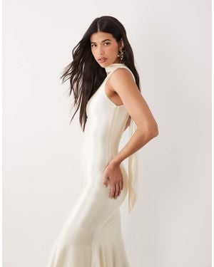 Oh Polly Satin Tie Neck Detail One-shoulder Asymmetric Maxi Dress - White