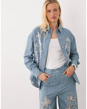 Ghospell Rox Cotton Floral Broderie Detail Long Sleeve Shirt Co-ord - Blue