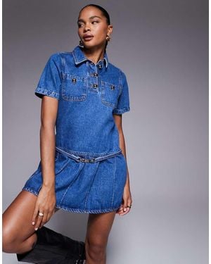 River Island Pleated Denim Mini Dress - Blue