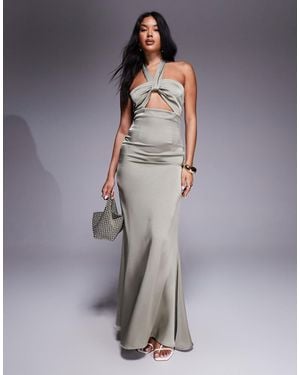 Aria Cove Satin Halterneck Knot Front Cut-out Detail Maxi Dress - Gray