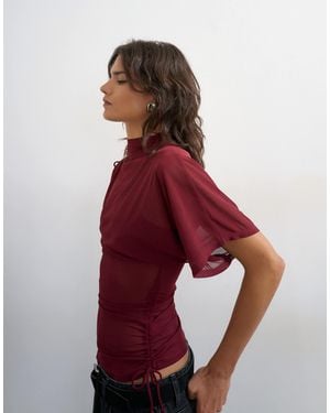 TOPSHOP Mesh Ruched One Sleeve Top - Red