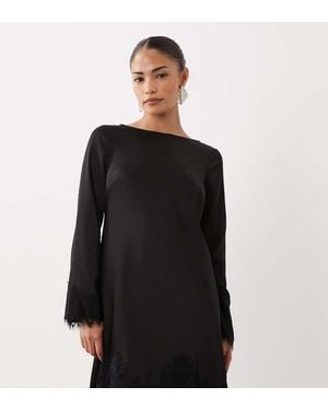 Nobody's Child Petite Kamari Satin Boat Neck Long Sleeve Lace Detail Mini Dress - Black