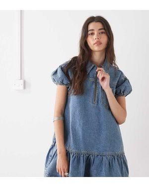 Collusion Denim Short Sleeve Mini Smock Dress - Blue