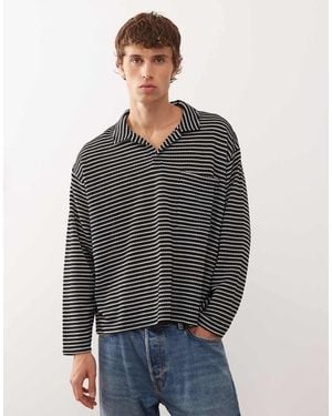 Reclaimed Vintage Textured Long Sleeve Polo Shirt - Grey