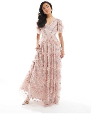 Maya Fully Embellished Short Sleeve V Neck Ruffle Maxi Dress - Pink
