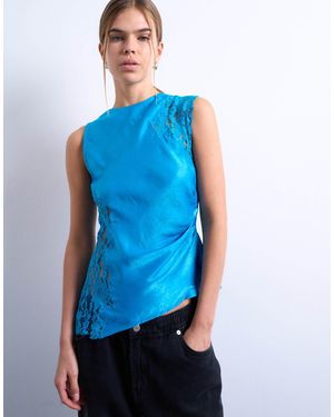 TOPSHOP Lace Insert Grown On Shoulder Top - Blue