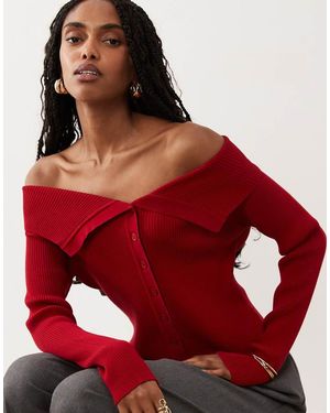 Miss Selfridge Fold Over Bardot Kitted Rib Top - Red