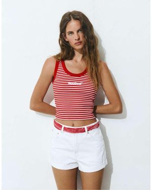 Pull&Bear Striped Embroide Tank Top - White