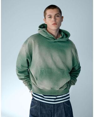 Bershka Boxy Washed Hood Sweatshirt - Green