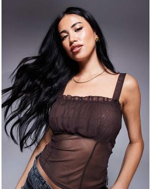 ASOS Ruched Mesh Top With Seam Detail - Grey