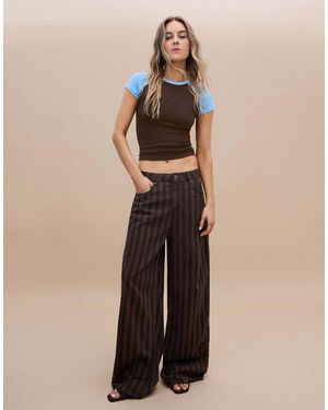 Bershka Stripe Barrel Trousers - Natural