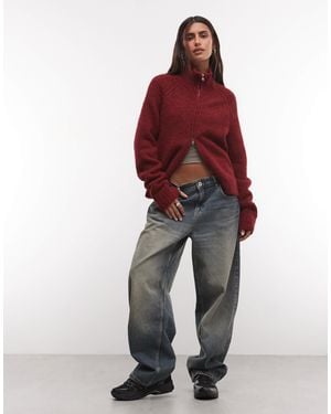 Weekday Wool Blend Hairy Knit Zip Through Cardigan - Red
