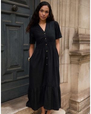 Threadbare Tiered Linen Blend V Neck Maxi Dress - Black