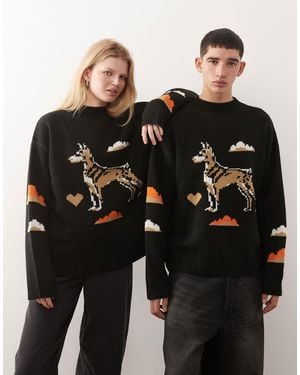 Collusion Unisex Knitted Sweater With Pixelated Dog Print - Black
