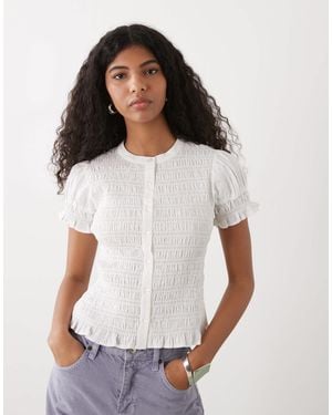 Collusion Shirred Button Detail Short Sleeve Blouse - White