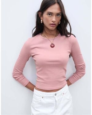 Stradivarius Basic Long Sleeve Cotton T-shirt - Pink