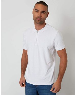 Threadbare Textured Cotton Quarter Zip Polo Shirt - White