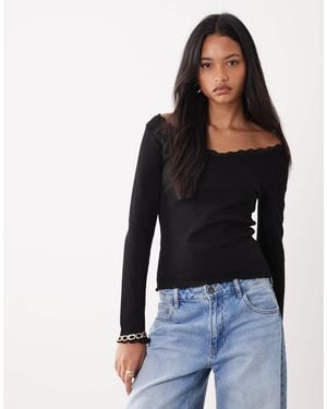 Miss Selfridge Long Sleeve V-neck Top With Lace Neckline - Black