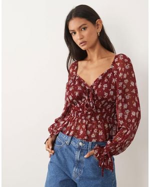 Wednesday's Girl Long Sleeve Gathered Blouse With Tie Detail