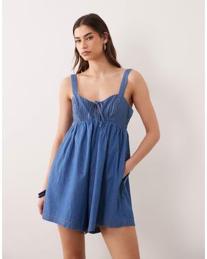 Miss Selfridge Denim Pintuck Playsuit - Blue