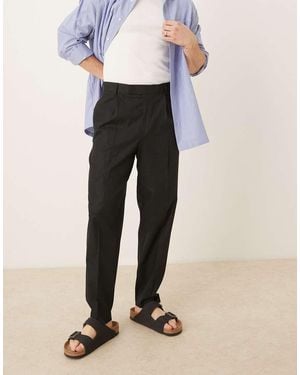 ASOS Smart Relaxed Tapered Fit Linen Blend Trousers With Front Pleat - Black