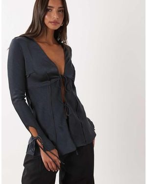 Lioness Veil Satin Tie Front Detail Long Sleeve Top Co-ord - Blue