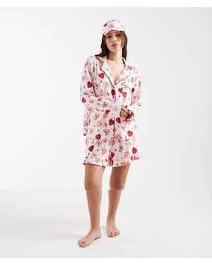 Miss Selfridge Super Soft Heart Print 3 Piece Pyjama Set With Eye Mask - Red