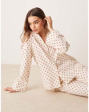 Gina Tricot Camisa De Pijama Color Crema Con Estampado De Corazones Rojos De Franela Mix & Match De -Blanco - Neutro