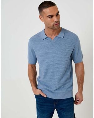 Threadbare Textured Knit Trophy Neck Polo - Blue