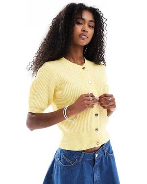 ASOS Textured Boucle Short Sleeve Cardigan With Gold Buttons - Yellow