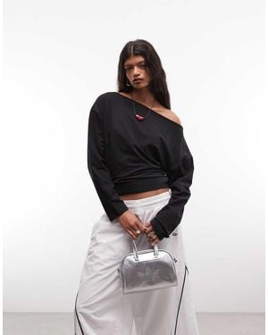 Collusion Long Sleeve Drapey Off-the-shoulder Top - White
