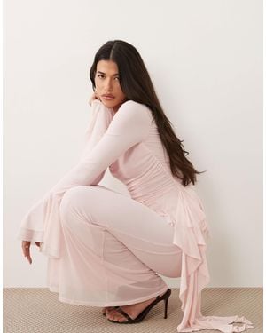 ASOS Mesh Maxi Dress With Ruching And Frill Details - Pink