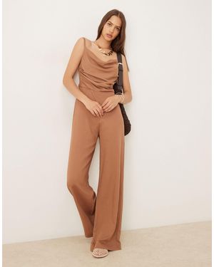 Mango Draped Ruched Bodice Jumpsuit With Wide Leg - Natural