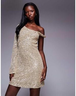 ASOS Sequin One Shoulder Mini Dress With Twist Detail - Metallic
